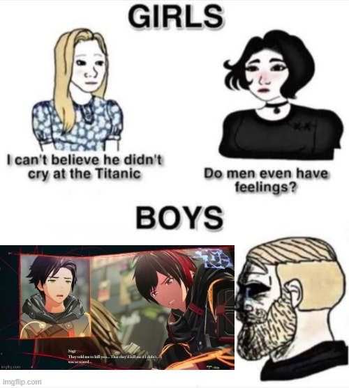 :( | image tagged in do men even have feelings,scarlet nexus,noooooooooooooooooooooooo | made w/ Imgflip meme maker