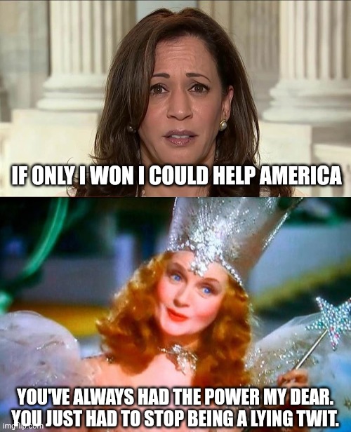 Still 55 days... | IF ONLY I WON I COULD HELP AMERICA; YOU'VE ALWAYS HAD THE POWER MY DEAR. YOU JUST HAD TO STOP BEING A LYING TWIT. | image tagged in kamala harris,glinda the good witch | made w/ Imgflip meme maker