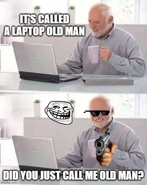 hehehehe | IT'S CALLED A LAPTOP OLD MAN; DID YOU JUST CALL ME OLD MAN? | image tagged in memes,hide the pain harold | made w/ Imgflip meme maker