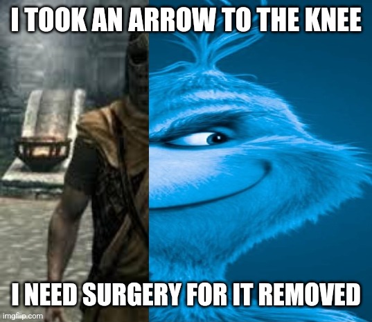 Blue Grinch | I TOOK AN ARROW TO THE KNEE; I NEED SURGERY FOR IT REMOVED | image tagged in blue grinch | made w/ Imgflip meme maker