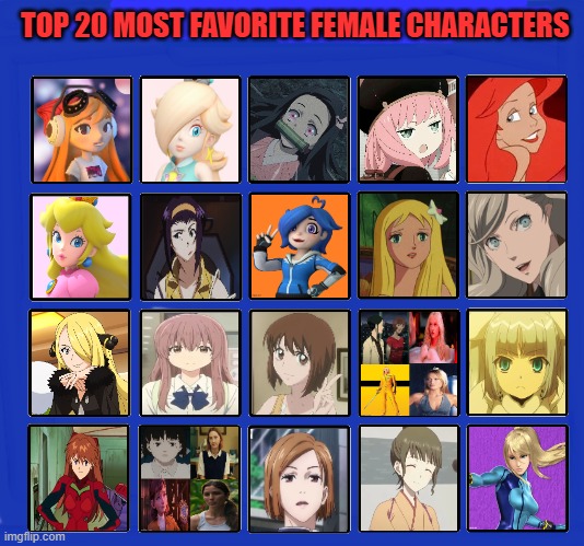 top 20 most favorite female characters | TOP 20 MOST FAVORITE FEMALE CHARACTERS | image tagged in top 20,female characters,videogames,movies,the little mermaid,anime | made w/ Imgflip meme maker