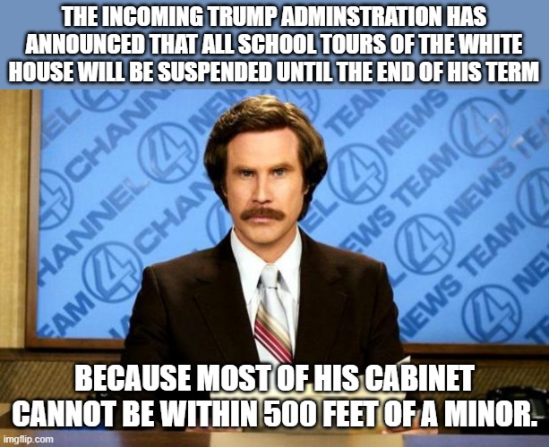 BREAKING NEWS | THE INCOMING TRUMP ADMINSTRATION HAS ANNOUNCED THAT ALL SCHOOL TOURS OF THE WHITE HOUSE WILL BE SUSPENDED UNTIL THE END OF HIS TERM; BECAUSE MOST OF HIS CABINET CANNOT BE WITHIN 500 FEET OF A MINOR. | image tagged in breaking news | made w/ Imgflip meme maker