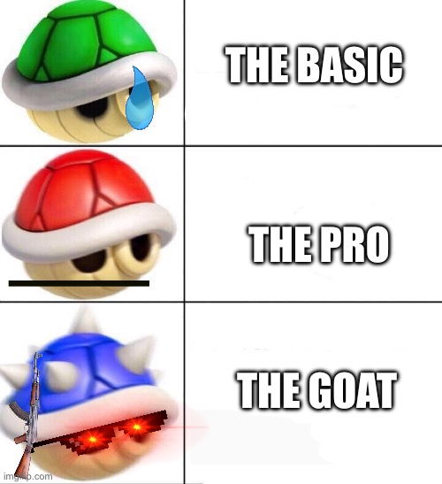 Shell tier list | THE BASIC; THE PRO; THE GOAT | image tagged in mario kart shells | made w/ Imgflip meme maker