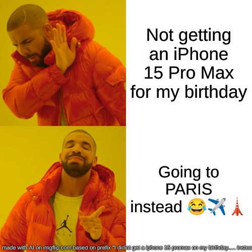 its always fine...... | Not getting an iPhone 15 Pro Max for my birthday; Going to PARIS instead 😂✈️🗼 | image tagged in memes,drake hotline bling | made w/ Imgflip meme maker