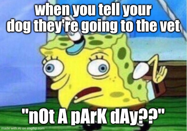 "NoT A pArK dAy!" | when you tell your dog they're going to the vet; "nOt A pArK dAy??" | image tagged in memes,mocking spongebob | made w/ Imgflip meme maker