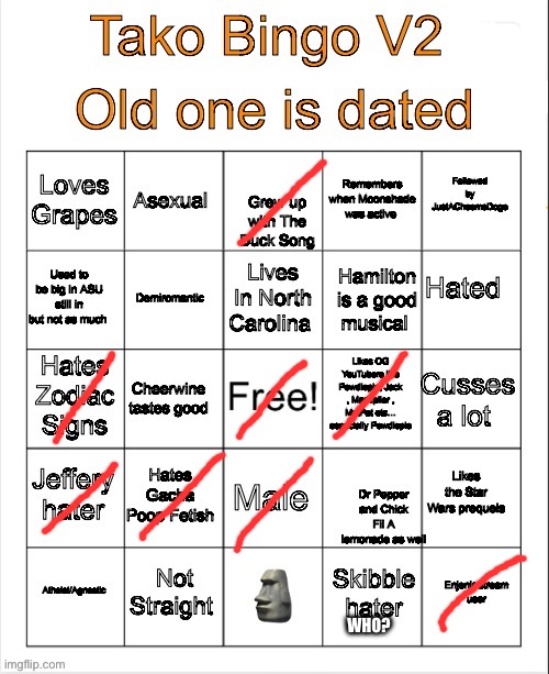 Tako Bingo V2 | WHO? | image tagged in tako bingo v2 | made w/ Imgflip meme maker