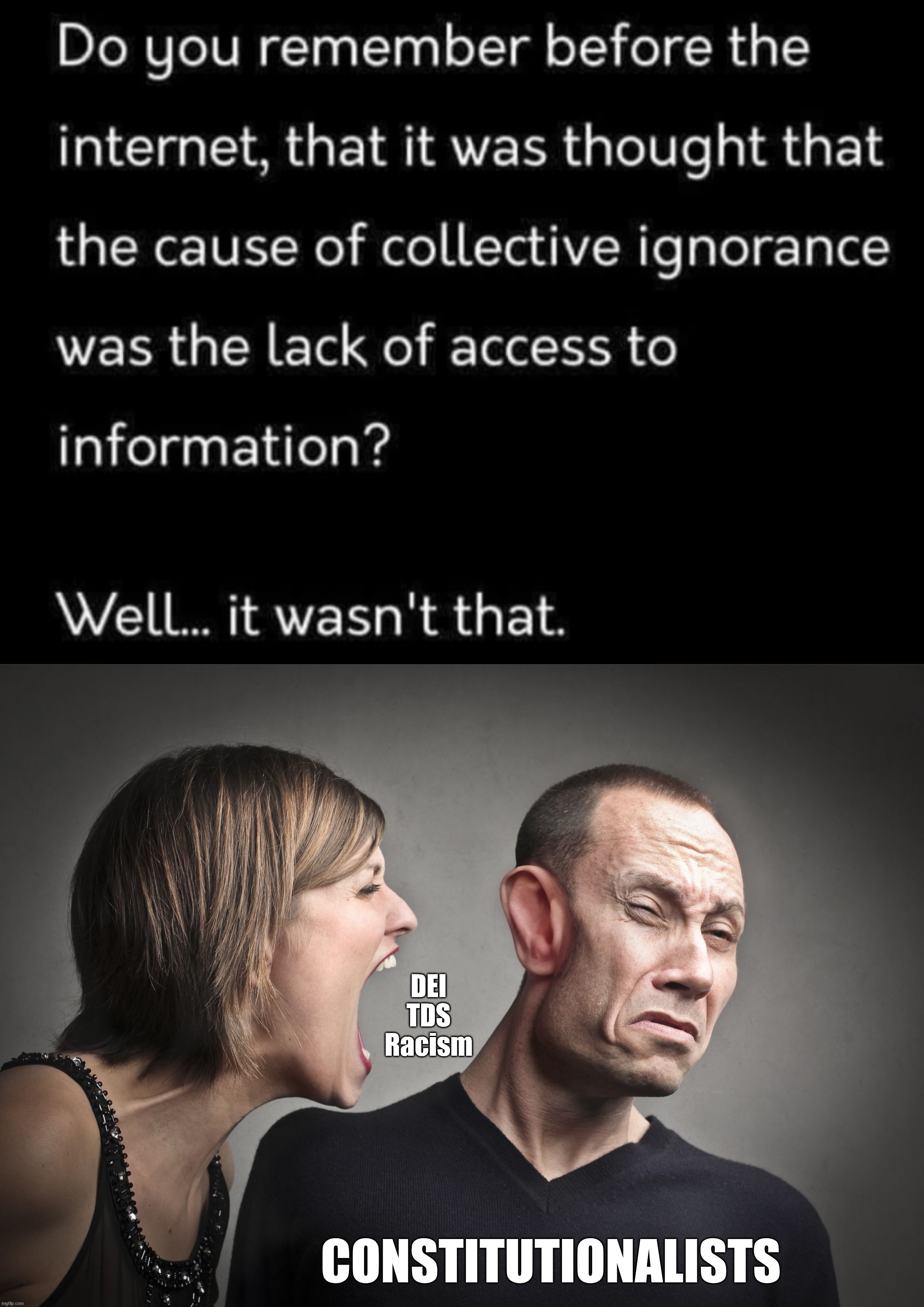 When you need more information from multiple sources | CONSTITUTIONALISTS DEI
TDS
Racism | image tagged in leftist screaming at conservative,politics | made w/ Imgflip meme maker