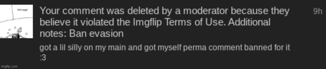 dawg that wasn'tt ban evasion, I told a guy what happened and left. one comment and dipped | made w/ Imgflip meme maker