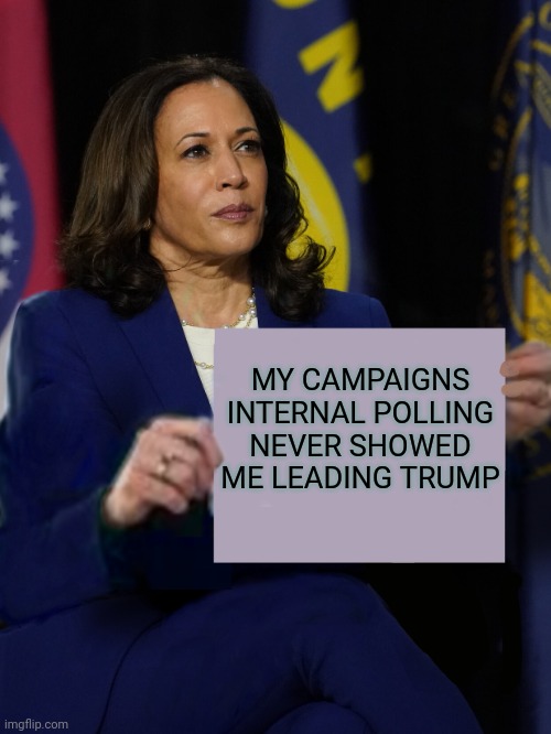 Kamala Harris Holding Sign | MY CAMPAIGNS INTERNAL POLLING NEVER SHOWED ME LEADING TRUMP | image tagged in kamala harris holding sign | made w/ Imgflip meme maker