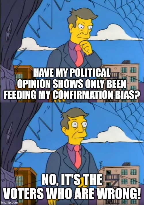 Skinner Out Of Touch | HAVE MY POLITICAL OPINION SHOWS ONLY BEEN FEEDING MY CONFIRMATION BIAS? NO, IT'S THE VOTERS WHO ARE WRONG! | image tagged in skinner out of touch | made w/ Imgflip meme maker