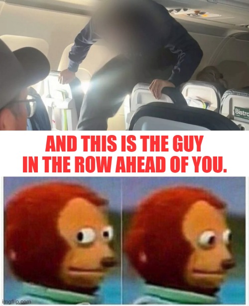 When You Don't Fly First Class | AND THIS IS THE GUY IN THE ROW AHEAD OF YOU. | image tagged in memes,monkey puppet,person,kicking,plane,fun | made w/ Imgflip meme maker