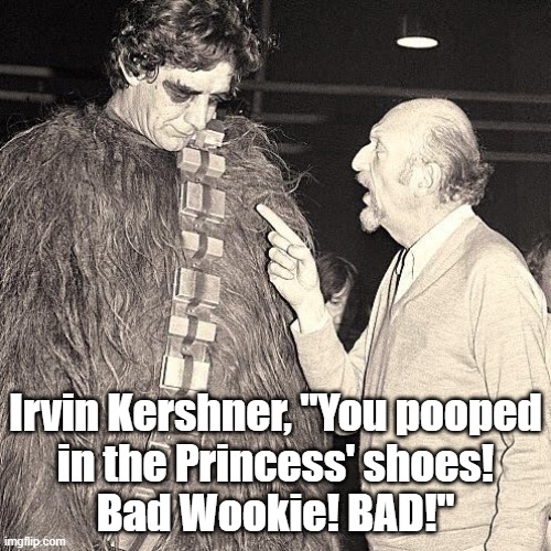 Irvin Kershner, "You pooped in the Princess' shoes! Bad Wookie! BAD!"

#StarWars #TheEmpireStrikesBack | Irvin Kershner, "You pooped
in the Princess' shoes!
Bad Wookie! BAD!" | image tagged in memes,funny,funny memes,star wars,humor,chewbacca | made w/ Imgflip meme maker