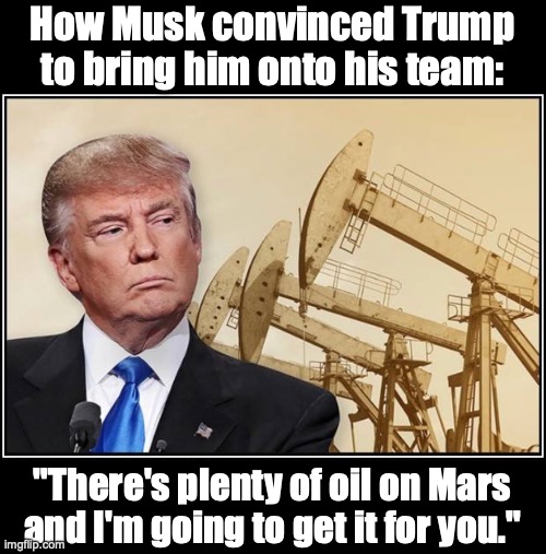 Musk, Trump and Planet Mars | How Musk convinced Trump to bring him onto his team:; "There's plenty of oil on Mars and I'm going to get it for you." | image tagged in trump oil | made w/ Imgflip meme maker