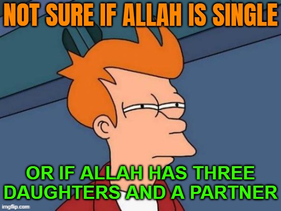 Not Sure If Allah Is Single; Or If Allah Has Three Daughters And A Partner | NOT SURE IF ALLAH IS SINGLE; OR IF ALLAH HAS THREE DAUGHTERS AND A PARTNER | image tagged in fry is not sure,religion,radical islam,islamic terrorism,abrahamic religions,god | made w/ Imgflip meme maker