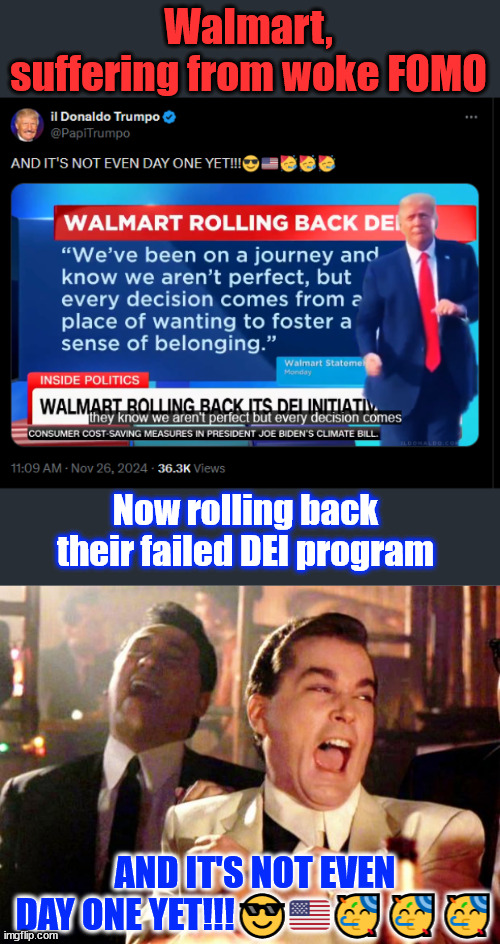 Walmart rolling back DEI... | Walmart, suffering from woke FOMO; Now rolling back their failed DEI program; AND IT'S NOT EVEN DAY ONE YET!!!😎🇺🇸🥳🥳🥳 | image tagged in goodfellas laugh,walmart,rolling back,dei,woke fomo | made w/ Imgflip meme maker