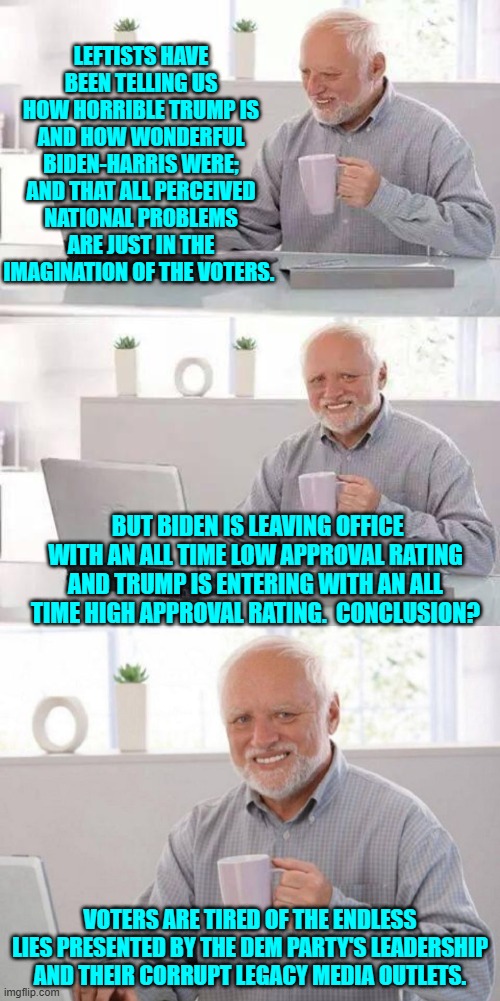 It's called logic and facts leftists.  Give it a try. | LEFTISTS HAVE BEEN TELLING US HOW HORRIBLE TRUMP IS AND HOW WONDERFUL BIDEN-HARRIS WERE; AND THAT ALL PERCEIVED NATIONAL PROBLEMS ARE JUST IN THE IMAGINATION OF THE VOTERS. BUT BIDEN IS LEAVING OFFICE WITH AN ALL TIME LOW APPROVAL RATING AND TRUMP IS ENTERING WITH AN ALL TIME HIGH APPROVAL RATING.  CONCLUSION? VOTERS ARE TIRED OF THE ENDLESS LIES PRESENTED BY THE DEM PARTY'S LEADERSHIP AND THEIR CORRUPT LEGACY MEDIA OUTLETS. | image tagged in hide the pain harold | made w/ Imgflip meme maker