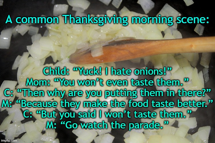 Thanksgiving Onions | A common Thanksgiving morning scene:; Child: “Yuck! I hate onions!”
Mom: “You won’t even taste them.”
C: “Then why are you putting them in there?”
M: “Because they make the food taste better.”
C: “But you said I won’t taste them.”
M: “Go watch the parade.” | image tagged in thanksgiving | made w/ Imgflip meme maker