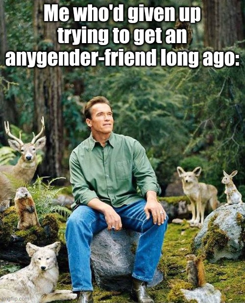 Arnold Schwarzenegger | Me who'd given up trying to get an anygender-friend long ago: | image tagged in arnold schwarzenegger | made w/ Imgflip meme maker