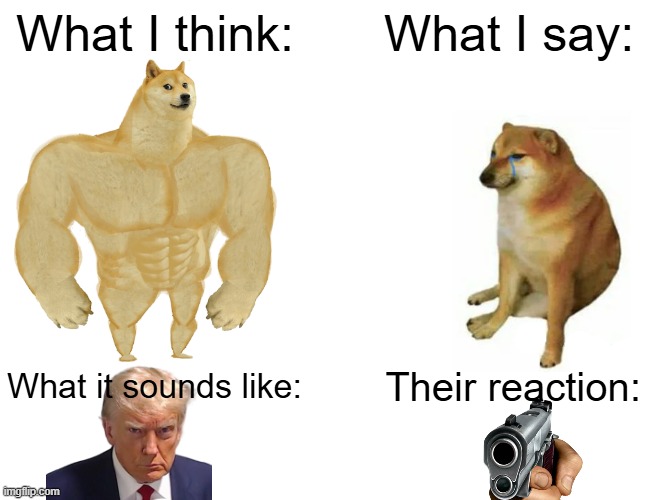 Ahhhhhhhhh! | What I think:; What I say:; What it sounds like:; Their reaction: | image tagged in memes,buff doge vs cheems | made w/ Imgflip meme maker