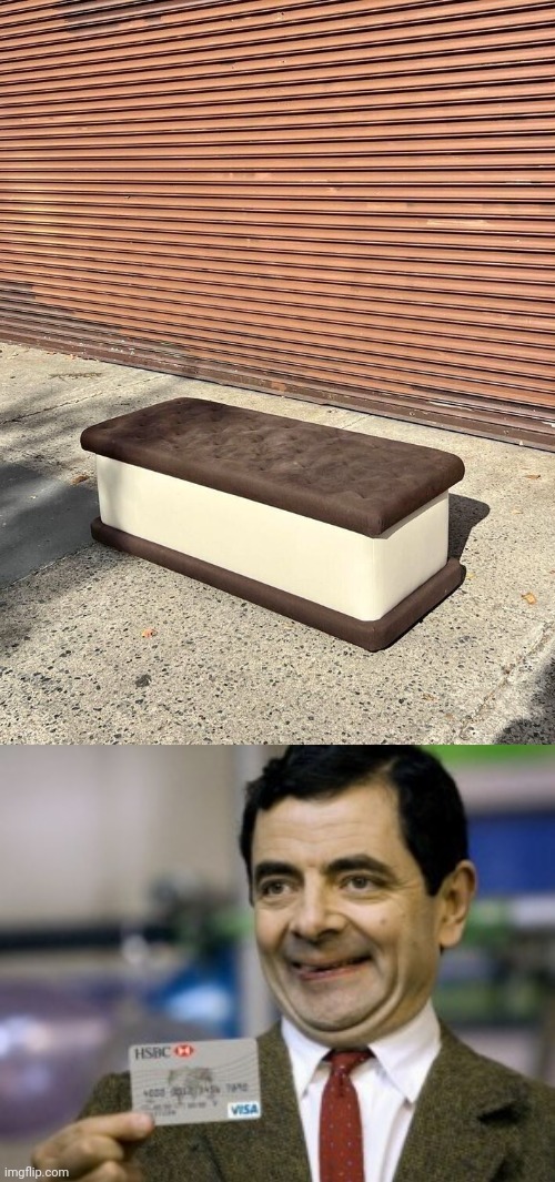 Ice cream sandwich bench | image tagged in mr bean credit card,memes,ice cream sandwich,bench | made w/ Imgflip meme maker