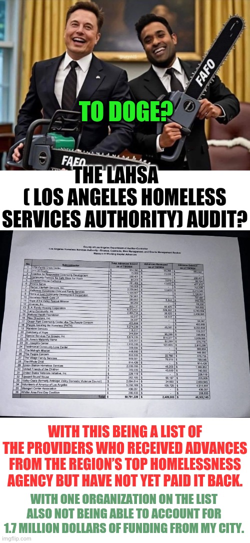 I Wonder If This Would Be Of Any Interest... | TO DOGE? THE LAHSA     
( LOS ANGELES HOMELESS SERVICES AUTHORITY) AUDIT? WITH THIS BEING A LIST OF THE PROVIDERS WHO RECEIVED ADVANCES FROM THE REGION’S TOP HOMELESSNESS AGENCY BUT HAVE NOT YET PAID IT BACK. WITH ONE ORGANIZATION ON THE LIST ALSO NOT BEING ABLE TO ACCOUNT FOR 1.7 MILLION DOLLARS OF FUNDING FROM MY CITY. | image tagged in doge bros fafo chainsaws,los angeles,homeless,review,politics,memes | made w/ Imgflip meme maker