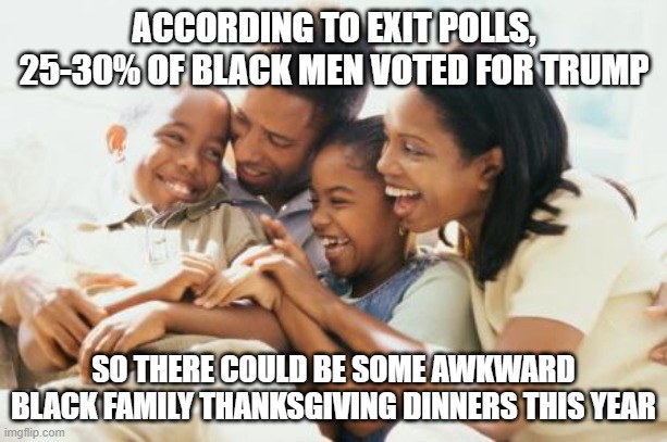 Happy Black Family | ACCORDING TO EXIT POLLS, 25-30% OF BLACK MEN VOTED FOR TRUMP SO THERE COULD BE SOME AWKWARD BLACK FAMILY THANKSGIVING DINNERS THIS YEAR | image tagged in happy black family | made w/ Imgflip meme maker