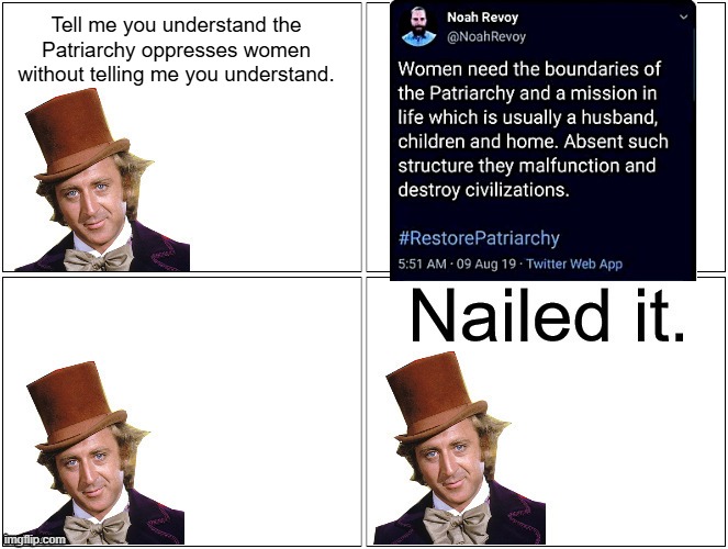 Nailed It Wonka | Tell me you understand the Patriarchy oppresses women without telling me you understand. | image tagged in nailed it wonka | made w/ Imgflip meme maker