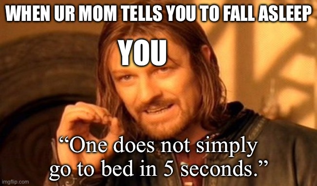 So true…takes me 15 mins | WHEN UR MOM TELLS YOU TO FALL ASLEEP; YOU; “One does not simply go to bed in 5 seconds.” | image tagged in memes,one does not simply,bed,sleep,bedtime | made w/ Imgflip meme maker