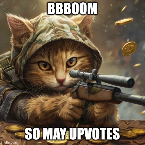 up votes | BBBOOM SO MAY UPVOTES | image tagged in sniper kiti,funny memes | made w/ Imgflip meme maker