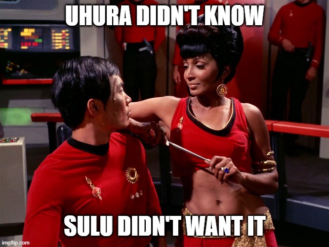 Not Sulu Hun | UHURA DIDN'T KNOW; SULU DIDN'T WANT IT | image tagged in star trek alternate uhura | made w/ Imgflip meme maker