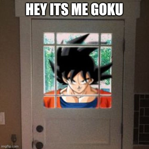 Goku appears at your door | HEY ITS ME GOKU | image tagged in goku appears at your door | made w/ Imgflip meme maker