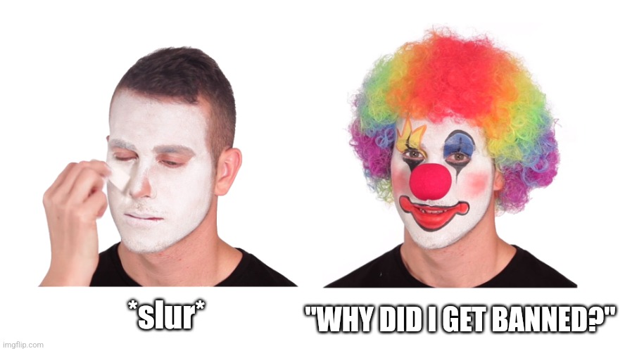 . | *slur*; "WHY DID I GET BANNED?" | image tagged in clown meme | made w/ Imgflip meme maker