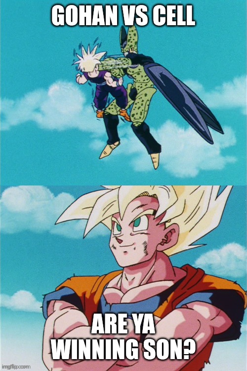 gohan vs cell fight | GOHAN VS CELL; ARE YA WINNING SON? | image tagged in gohan vs cell fight | made w/ Imgflip meme maker