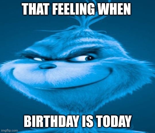 Birthday | THAT FEELING WHEN; BIRTHDAY IS TODAY | image tagged in the blue grinch | made w/ Imgflip meme maker