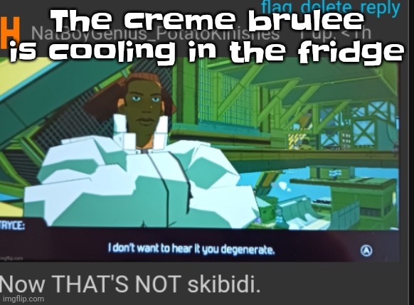 Now that's NOT skibidi | The creme brulee is cooling in the fridge | image tagged in now that's not skibidi | made w/ Imgflip meme maker