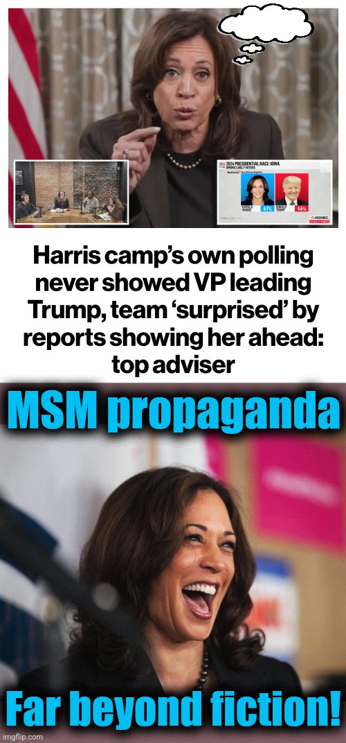 Surreal misinformation from the MSM | MSM propaganda; Far beyond fiction! | image tagged in cackling kamala harris,memes,polls,democrats,propaganda,election 2024 | made w/ Imgflip meme maker