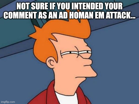 Futurama Fry Meme | NOT SURE IF YOU INTENDED YOUR COMMENT AS AN AD HOMAN EM ATTACK... | image tagged in memes,futurama fry | made w/ Imgflip meme maker