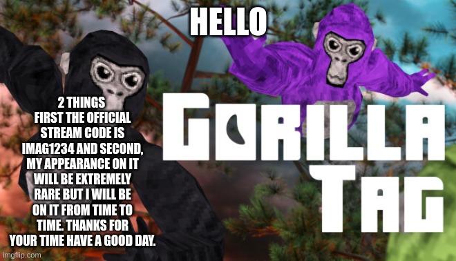 gorilla tag | 2 THINGS  FIRST THE OFFICIAL STREAM CODE IS IMAG1234 AND SECOND, MY APPEARANCE ON IT WILL BE EXTREMELY RARE BUT I WILL BE ON IT FROM TIME TO TIME. THANKS FOR YOUR TIME HAVE A GOOD DAY. HELLO | image tagged in gorilla tag | made w/ Imgflip meme maker