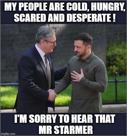 Commiserations | MY PEOPLE ARE COLD, HUNGRY,
SCARED AND DESPERATE ! I'M SORRY TO HEAR THAT
 MR STARMER | image tagged in starmer,zelensky,commiseration,politics,uk | made w/ Imgflip meme maker