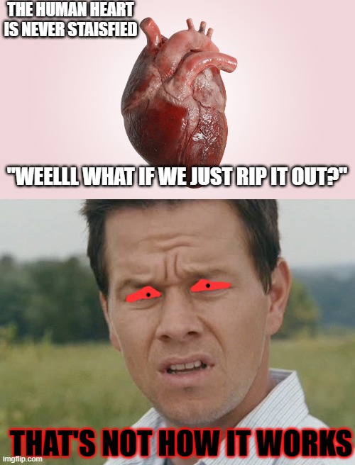 "its just a syaing okay??" | THE HUMAN HEART IS NEVER STAISFIED; "WEELLL WHAT IF WE JUST RIP IT OUT?"; THAT'S NOT HOW IT WORKS | image tagged in huh,soul,heart,like and share | made w/ Imgflip meme maker