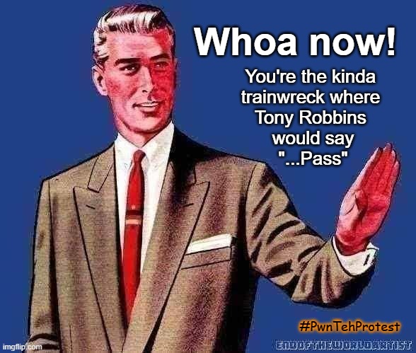 Don't Blame Trump, Dear. | Whoa now! You're the kinda 
trainwreck where 
Tony Robbins 
would say
"...Pass"; #PwnTehProtest | image tagged in whoa there template,feminism,anti-feminism,trump | made w/ Imgflip meme maker