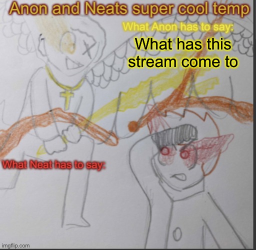 Anon and Neats super cool shared temp | What has this stream come to | image tagged in anon and neats super cool shared temp | made w/ Imgflip meme maker