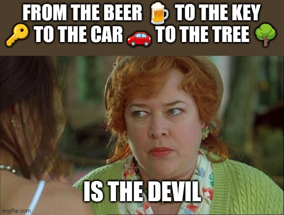 waterboy mom | FROM THE BEER ? TO THE KEY ? TO THE CAR ? TO THE TREE ? IS THE DEVIL | image tagged in waterboy mom | made w/ Imgflip meme maker