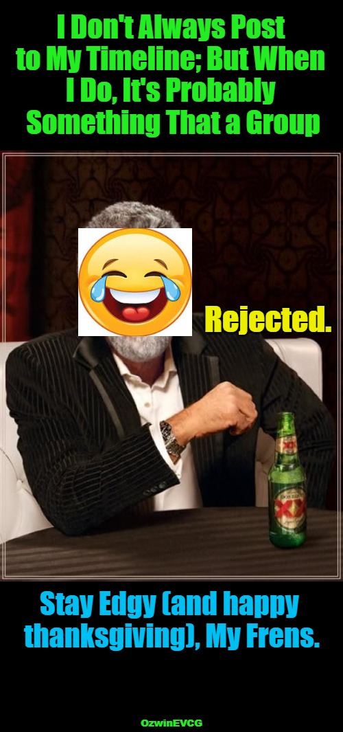 Fun Relatable Advice and Meming That's Specific to Some Platforms, General to Others. | I Don't Always Post 

to My Timeline; But When 

I Do, It's Probably 

Something That a Group; Rejected. Stay Edgy (and happy 

thanksgiving), My Frens. OzwinEVCG | image tagged in memes,the most interesting man in the world,online drama,social media,all too human,community guidelines | made w/ Imgflip meme maker