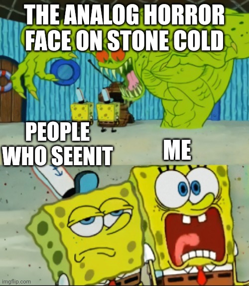 This is a final goodbyyyyyyye | THE ANALOG HORROR FACE ON STONE COLD; PEOPLE WHO SEENIT; ME | image tagged in 2 spongebob monster meme | made w/ Imgflip meme maker