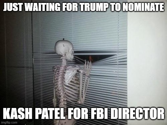 Were Waiting!!! | JUST WAITING FOR TRUMP TO NOMINATE; KASH PATEL FOR FBI DIRECTOR | image tagged in waiting skeleton,fbi,republican,trump | made w/ Imgflip meme maker