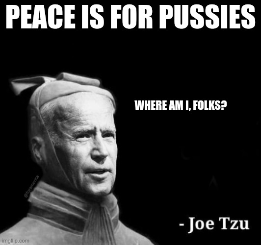 Joe Tzu box | PEACE IS FOR PUSSIES; WHERE AM I, FOLKS? | image tagged in joe tzu box | made w/ Imgflip meme maker