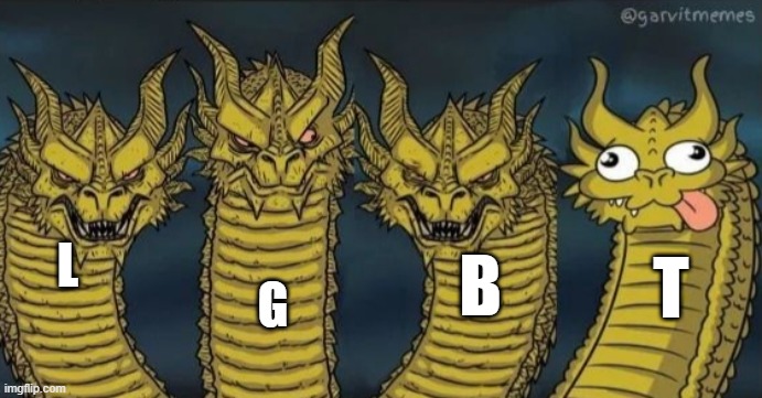 LGBT | L; G; B; T | image tagged in 4 headed dragon,lgbt | made w/ Imgflip meme maker