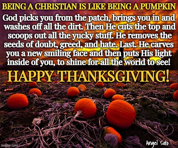 Being a Christian is like being a pumpkin | BEING A CHRISTIAN IS LIKE BEING A PUMPKIN; God picks you from the patch, brings you in and
 washes off all the dirt. Then He cuts the top and
 scoops out all the yucky stuff. He removes the
seeds of doubt, greed, and hate. Last. He carves
you a new smiling face and then puts His light
inside of you, to shine for all the world to see! HAPPY THANKSGIVING! Angel Soto | image tagged in happy thanksgiving,thanksgiving day,pumpkin,christian,god | made w/ Imgflip meme maker