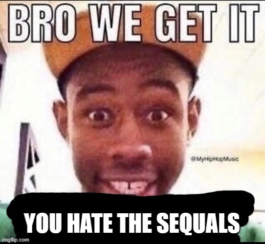 Bro we get it (blank) | YOU HATE THE SEQUALS | image tagged in bro we get it blank | made w/ Imgflip meme maker